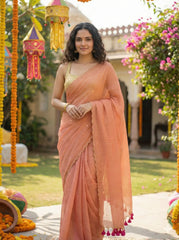 Tara Blush Pink Soft Mulmul Cotton Sequin Saree with Scalloped Border