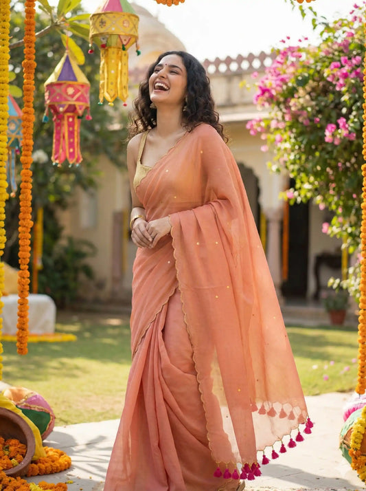 Tara Blush Pink Soft Mulmul Cotton Sequin Saree with Scalloped Border