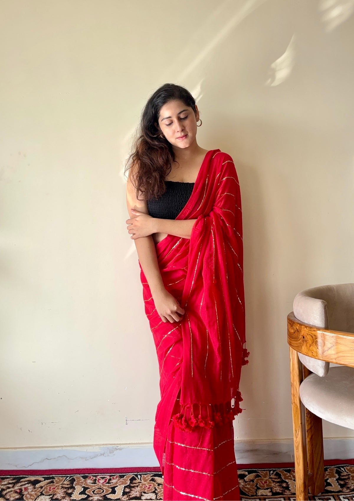 Rooh Red Soft Mulmul Cotton Gold Sequin Stripe Saree - Qatha 
