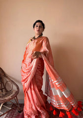 Zariya Coral Linen Tissue Saree with Silver Zari Border