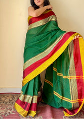 Aarini Green Temple Border Handloom Pure Cotton Saree - Qatha 