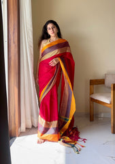 Rudhira Red Temple Border Handloom Pure Cotton Saree - Qatha 
