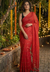 Rooh Red Mul Cotton Gold Sequin Stripe Saree
