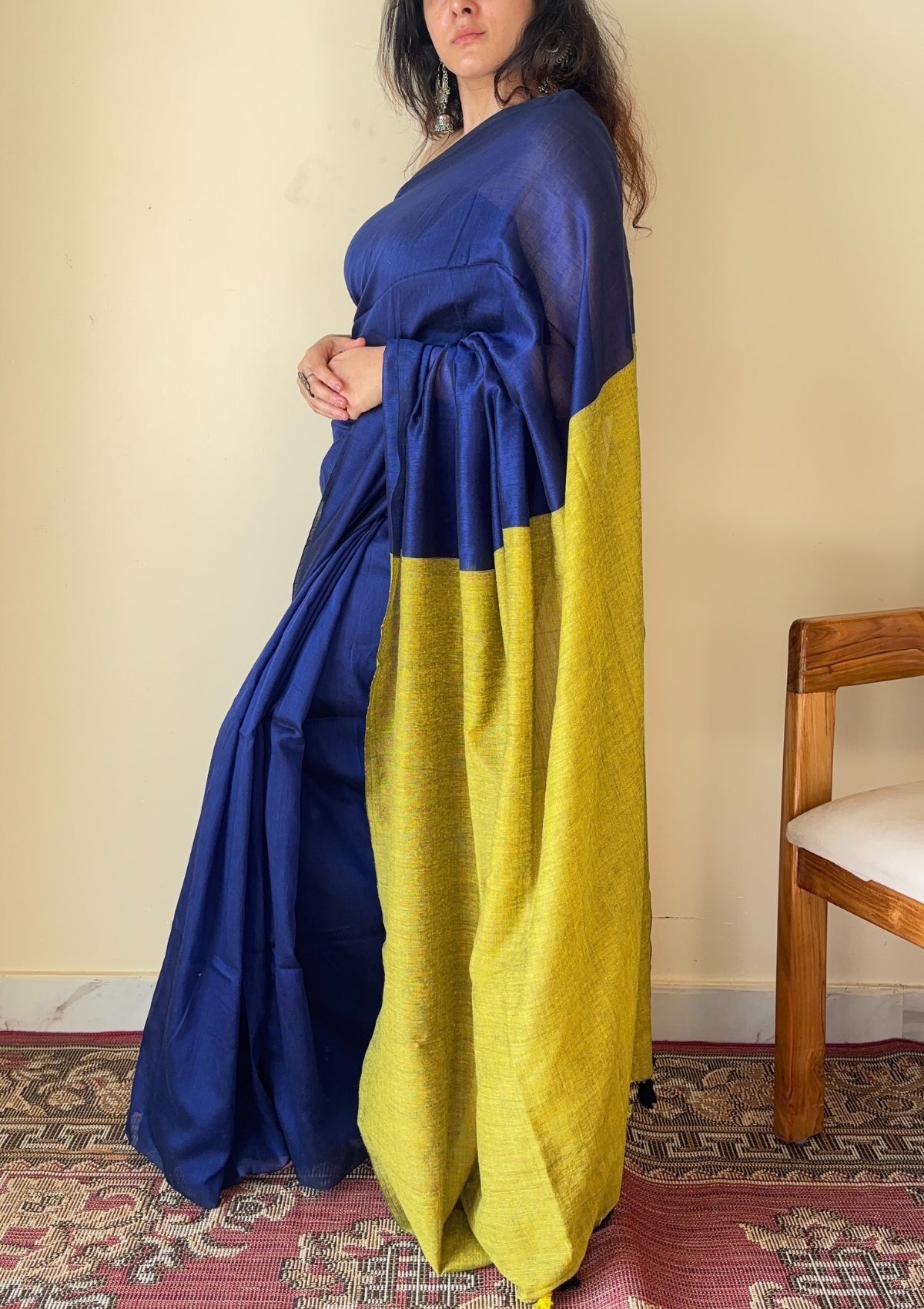 Neelaya Blue and Yellow Pallu Mul Cotton Saree with Tassels - Qatha 
