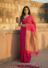 Gulal Pink Pure Cotton Handloom Saree with Silver Border and Tassels