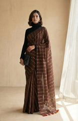 Vedika  Chocolate Brown Mulmul Cotton Saree with Gold Zari Stripes and Tassels