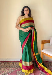 Aarini Green Temple Border Handloom Pure Cotton Saree - Qatha 