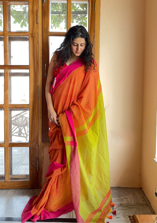 Charu Orange and Lime Green Pure Handloom Cotton Saree With Tassels