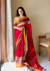 Rudhira Red Temple Border Handloom Pure Cotton Saree - Qatha 