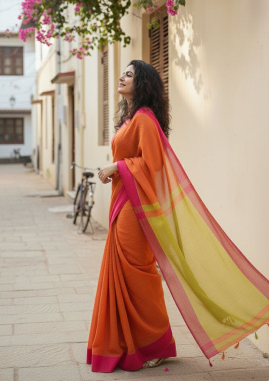 Charu Orange and Lime Green Pure Handloom Cotton Saree With Tassels