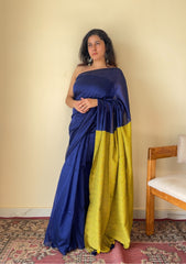 Neelaya Blue and Yellow Pallu Mul Cotton Saree with Tassels - Qatha 