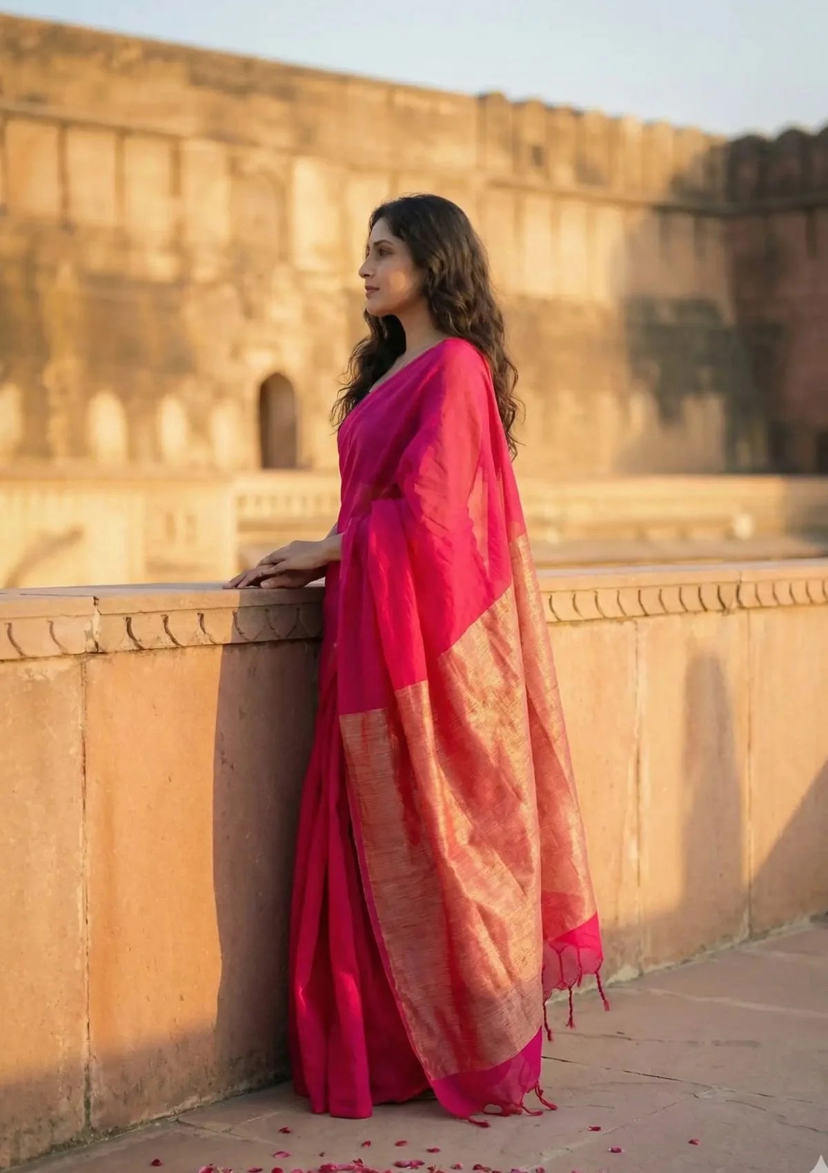 Gulal Pink Pure Cotton Handloom Saree with Silver Border and Tassels