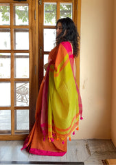 Charu Orange and Lime Green Pure Handloom Cotton Saree With Tassels