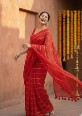 Rooh Red Mul Cotton Gold Sequin Stripe Saree