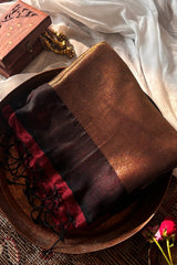 Tarini  Maroon and Black Pure Cotton Saree with Color Block Gold Tissue Border - Qatha 