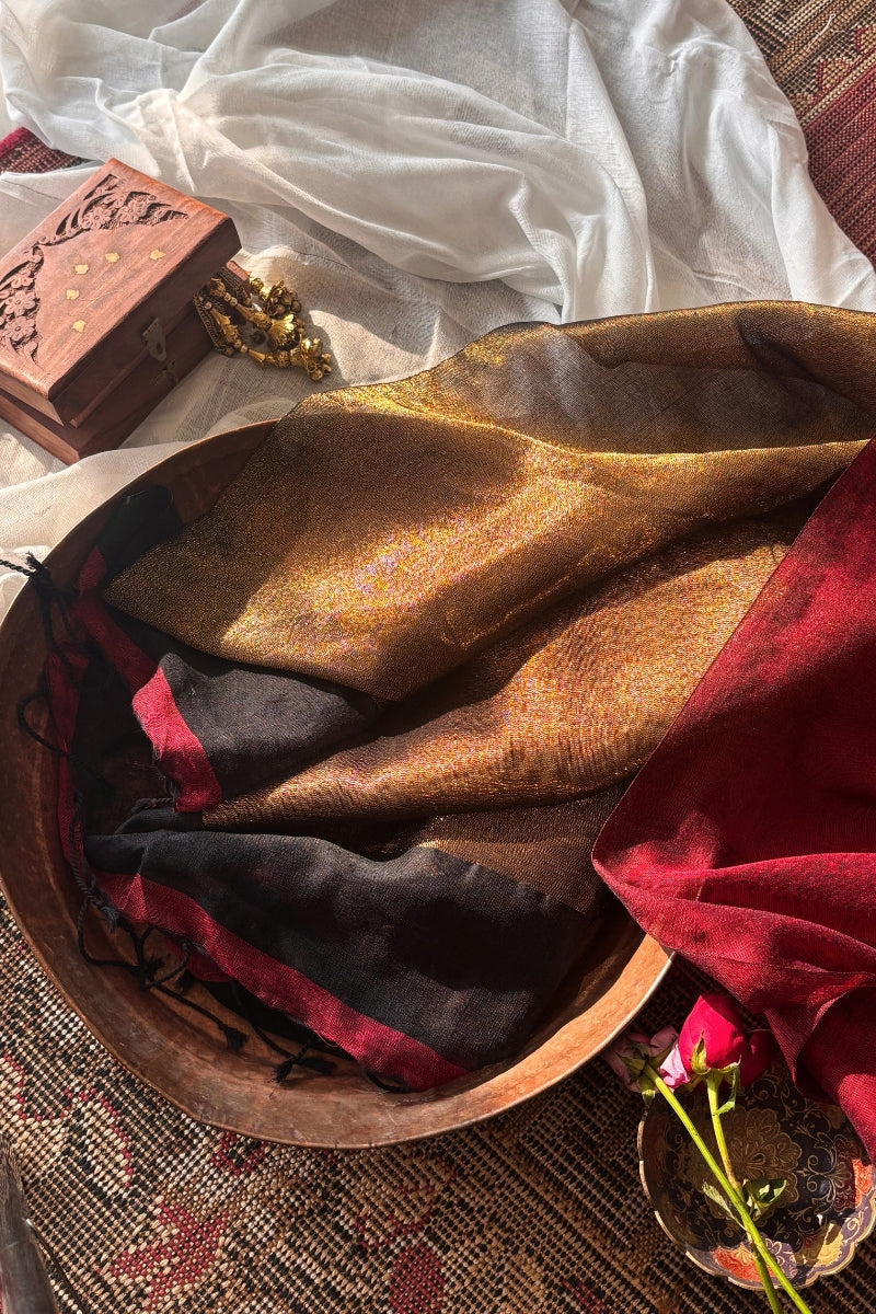 Tarini  Maroon and Black Pure Cotton Saree with Color Block Gold Tissue Border - Qatha 