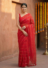 Rooh Red Mul Cotton Gold Sequin Stripe Saree