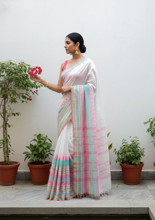 Chandrika White Handloom Cotton Saree with Pink & Green Temple Border