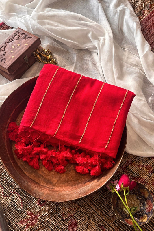 Rooh Red Soft Mulmul Cotton Gold Sequin Stripe Saree - Qatha 