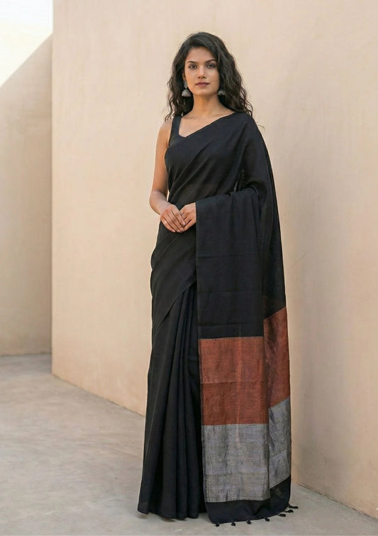 Tamira Black Pure Handloom Cotton Saree with Silver and Copper Tissue Pallu