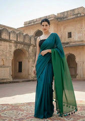 Mrinalini Peacock Blue and Green Soft Cotton Mulmul Saree with Tassels