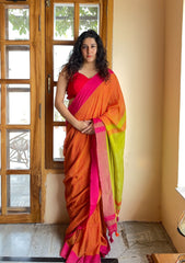 Charu Orange and Lime Green Pure Handloom Cotton Saree With Tassels