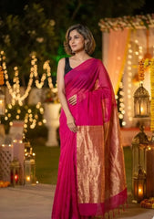 Gulal Pink Pure Cotton Handloom Saree with Silver Border and Tassels