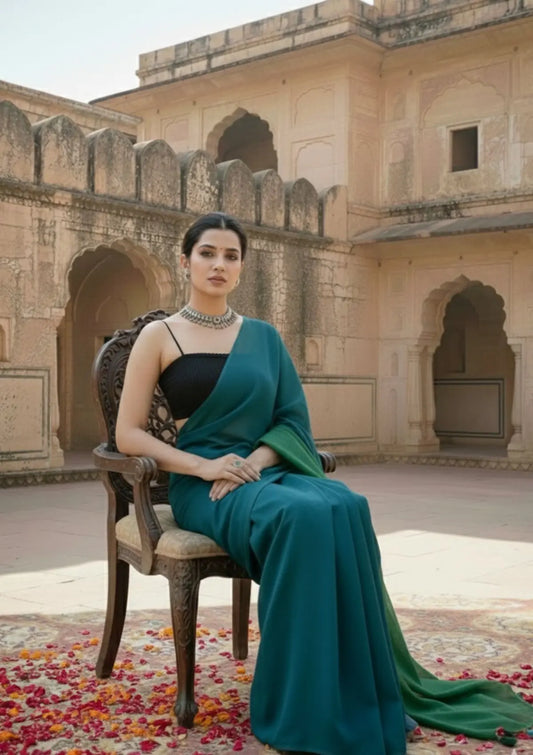 Mrinalini Peacock Blue and Green Soft Cotton Mulmul Saree with Tassels