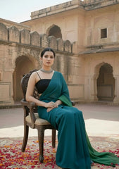 Mrinalini Peacock Blue and Green Soft Cotton Mulmul Saree with Tassels