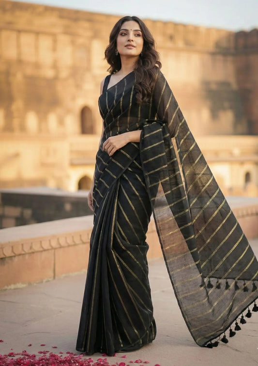 Saanjh Black Soft Mulmul Cotton Saree with Gold Zari Stripes and Tassels