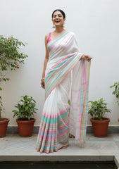 Chandrika White Handloom Cotton Saree with Pink & Green Temple Border