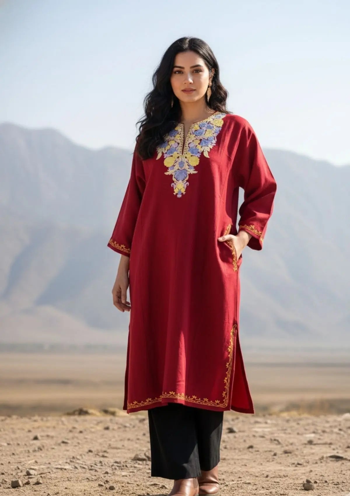 Yemberzal | Red Woollen Kashmiri Phiran with Floral Aari Embroidery