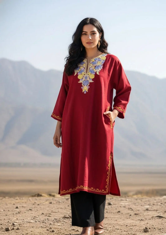 Yemberzal | Red Woollen Kashmiri Phiran with Floral Aari Embroidery