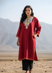 Yemberzal | Red Woollen Kashmiri Phiran with Floral Aari Embroidery