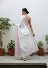 Chandrika White Handloom Cotton Saree with Pink & Green Temple Border