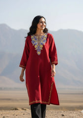 Yemberzal | Red Woollen Kashmiri Phiran with Floral Aari Embroidery