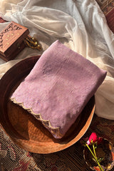 Lavanya Light Purple Soft Mulmul Cotton Saree with Gold Zari Stripes and Scalloped Border - Qatha 