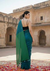 Mrinalini Peacock Blue and Green Soft Cotton Mulmul Saree with Tassels