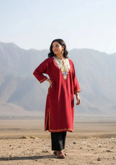 Yemberzal | Red Woollen Kashmiri Phiran with Floral Aari Embroidery