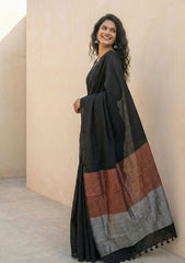 Tamira Black Pure Handloom Cotton Saree with Silver and Copper Tissue Pallu