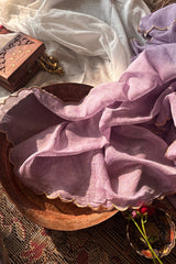 Lavanya Light Purple Soft Mulmul Cotton Saree with Gold Zari Stripes and Scalloped Border - Qatha 