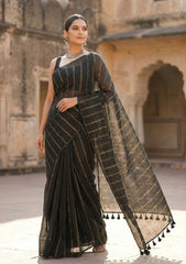 Saanjh Black Soft Mulmul Cotton Saree with Gold Zari Stripes and Tassels