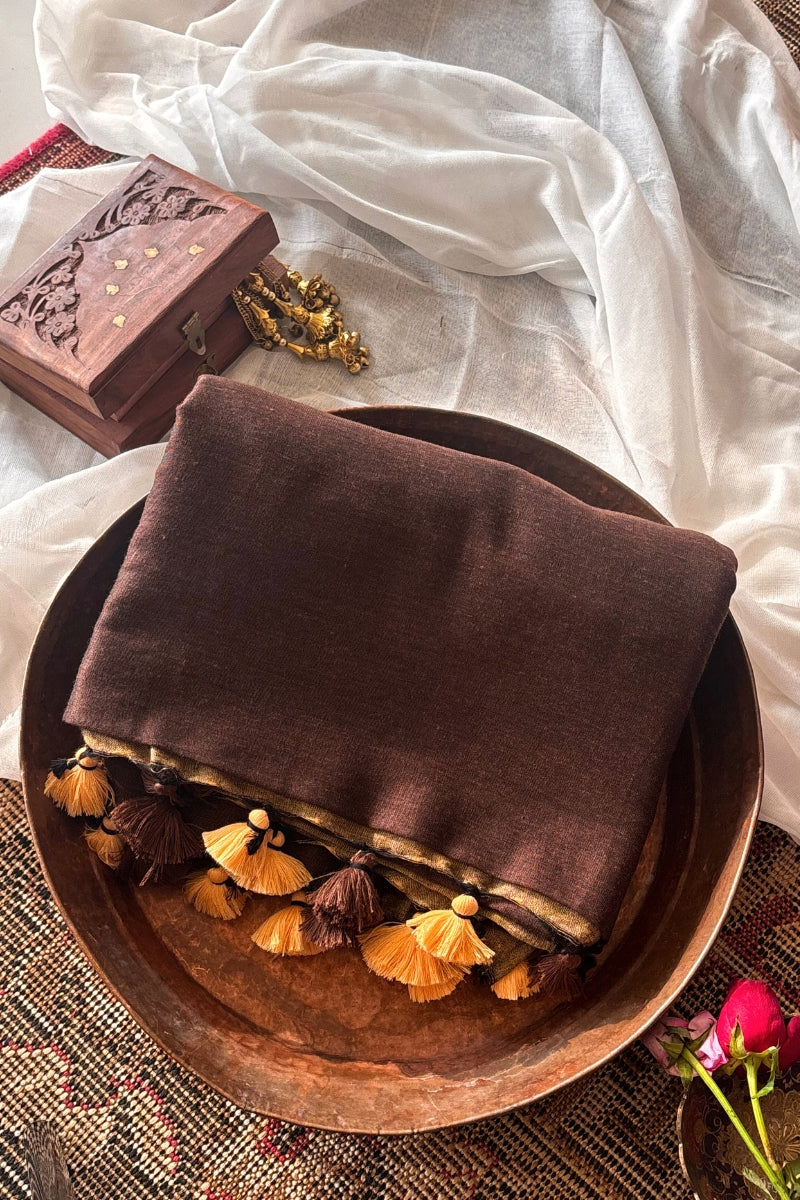 Yogini Brown and Beige Pure Cotton Saree with Tassels - Qatha 