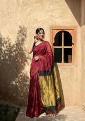 Tarini  Maroon and Black Pure Cotton Saree with Color Block Gold Tissue Border