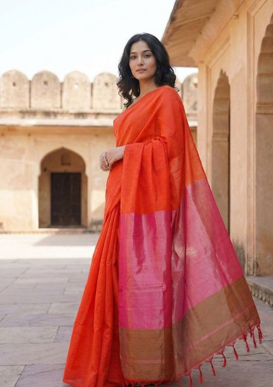 Sanjhvi Orange with Pink Tissue Pallu Pure Cotton Saree