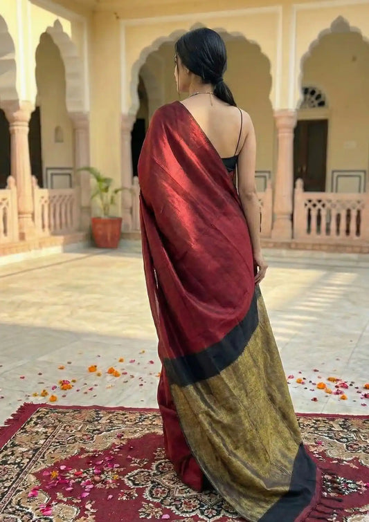 Tarini  Maroon and Black Pure Cotton Saree with Color Block Gold Tissue Border