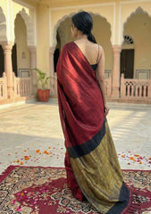 Tarini  Maroon and Black Pure Cotton Saree with Color Block Gold Tissue Border