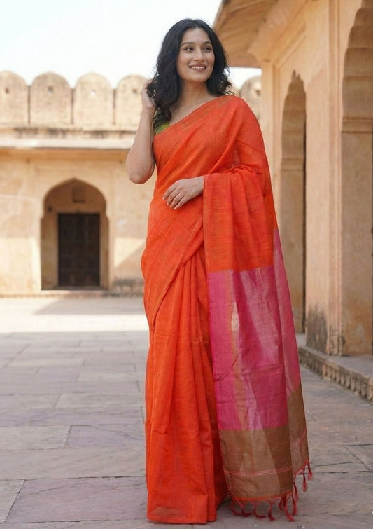 Sanjhvi Orange with Pink Tissue Pallu Pure Cotton Saree