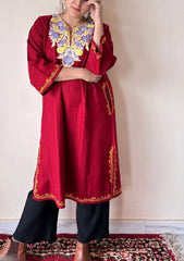 Yemberzal | Red Woollen Kashmiri Phiran with Floral Aari Embroidery