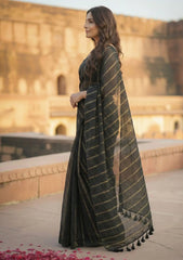 Saanjh Black Soft Mulmul Cotton Saree with Gold Zari Stripes and Tassels